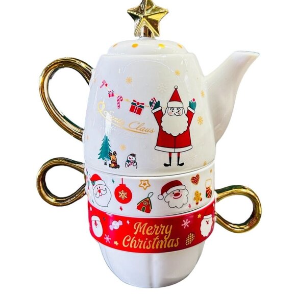 Christmas Tea Set With Teapot & Two Cups - Santa Claus Design Ceramic With Gold - Picture 1 of 11